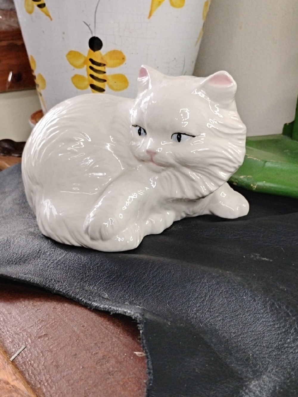 Vintage White Ceramic Cat Figurine with Pink Ear Accents